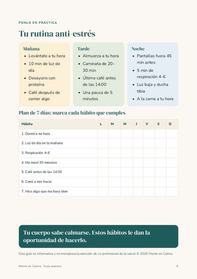 Página del regalo: rutina anti-estrés y plan de 7 días